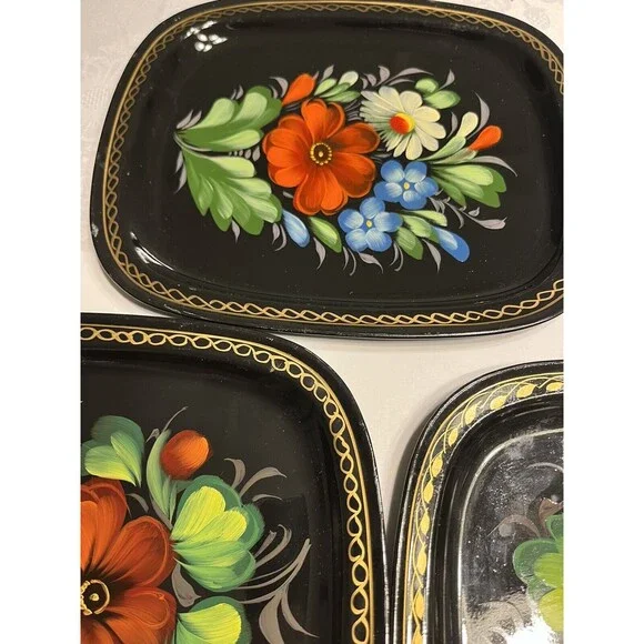 5 Vintage Zhostovo Soviet Russian Hand Painted Flowers Toleware Trays Yeha 8x6” - Picture 4 of 15